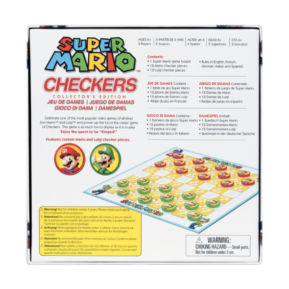 De achterkant van de doos van het damspel Super Mario Checkers