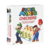 De doos van het strategische damspel Super Mario Checkers vanuit een linkerhoek