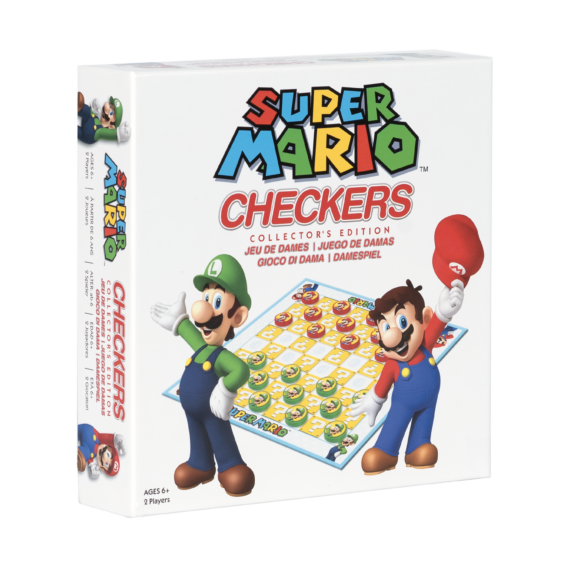 De doos van het strategische damspel Super Mario Checkers vanuit een linkerhoek