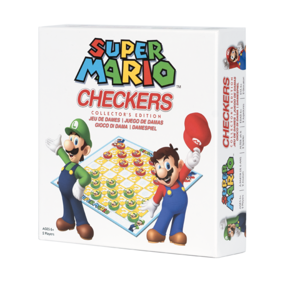 De doos van het strategische damspel Super Mario Checkers vanuit een rechterhoek