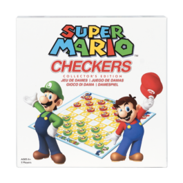 De voorkant van de doos van het klassieke damspel met Mario karakters Super Mario Checkers