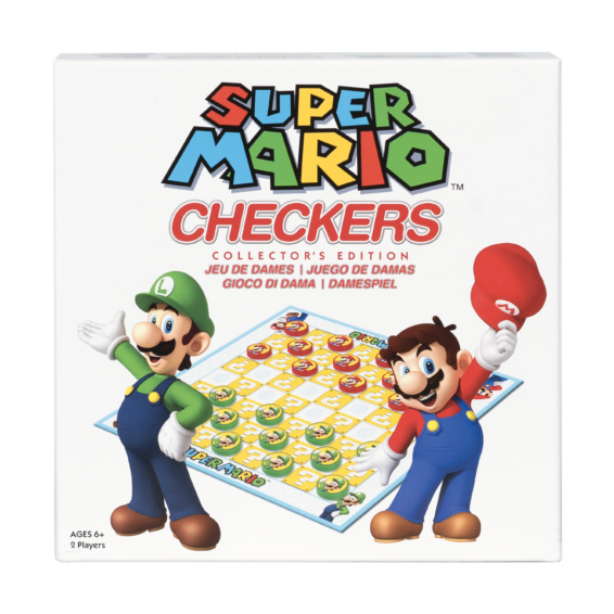 De voorkant van de doos van het klassieke damspel met Mario karakters Super Mario Checkers