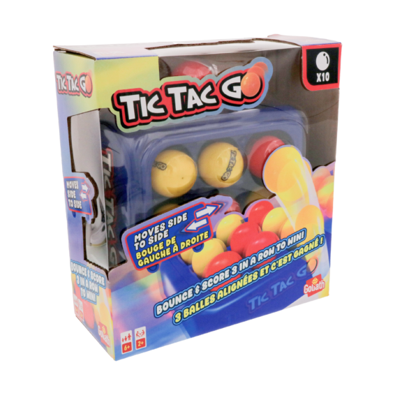 De doos van het partyspel Tic Tac Go vanuit een linkerhoek