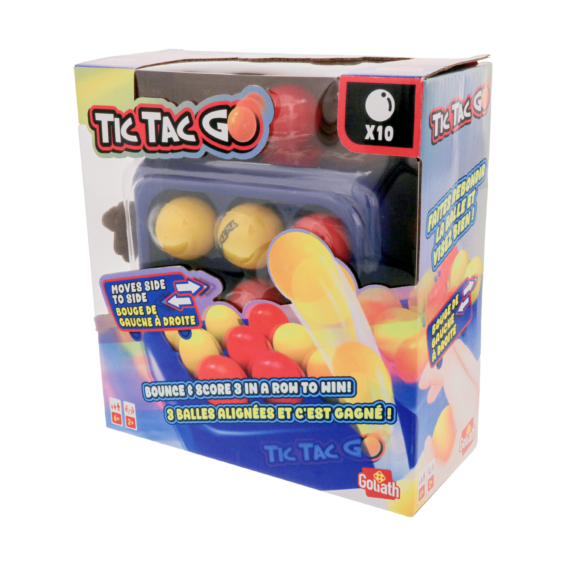 De doos van het partyspel Tic Tac Go vanuit een rechterhoek