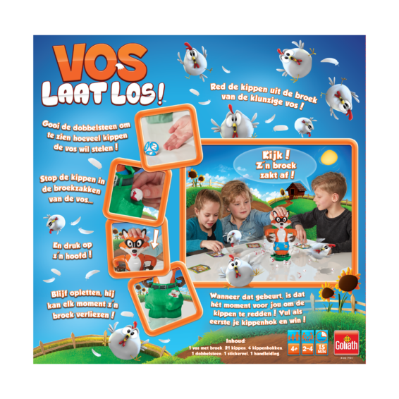 De achterkant van de doos van het kinderspel Vos Laat Los