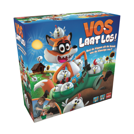 De doos van het actiespel voor kinderen Vos Laat Los vanuit een linkerhoek