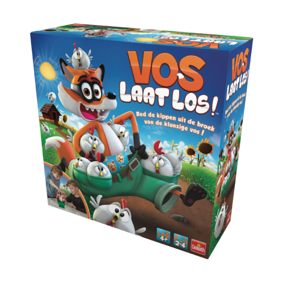 De doos van het kinderspel Vos Laat Los vanuit een rechterhoek