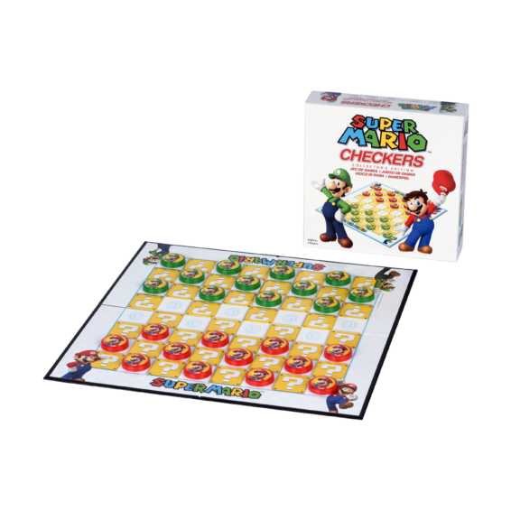 De doos en de inhoud van het klassieke damspel Super Mario Checkers