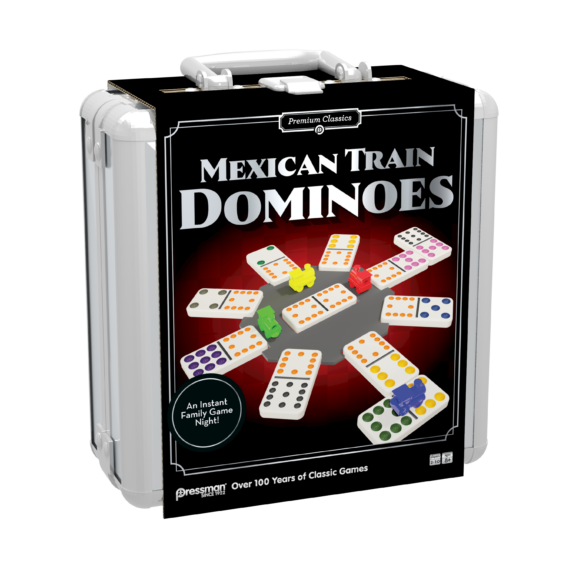 De doos van het klassieke spel Mexican Train Dominoes Tin vanuit een linkerhoek