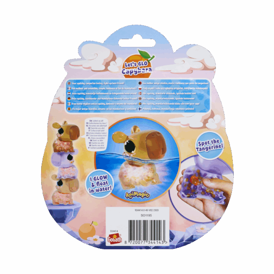 De achterkant van de doos van het speelgoeddiertje de Let's Glo Capybara Paars