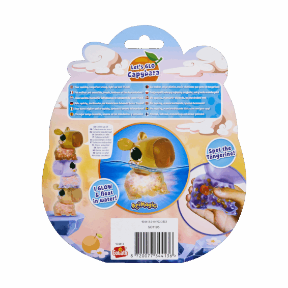De achterkant van de doos van het speelgoeddiertje de Let's Glo Capybara Bruin