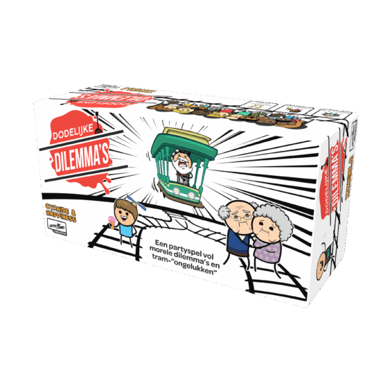 De doos van het hilarische partyspel Dodelijke Dilemmas vanuit een rechterhoek