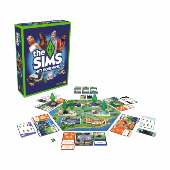 De doos en de inhoud van het bordspel the Sims het Bordspel