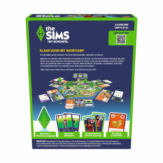 De achterkant van de doos van het bordspel the Sims het Bordspel