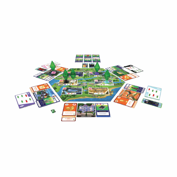 De inhoud van de doos van het bordspel the Sims het Bordspel