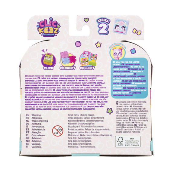 Doos Clickeez Series2 5 Pack Achterkant De achterkant van de doos van de Clickeez Series 2 5 Pack