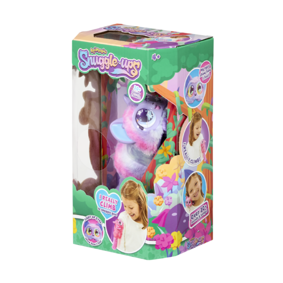 Doos Snuggleups Paars Rechterhoek De doos van het paarse diertje Animagic Snuggleups Paars vanuit een rechterhoek