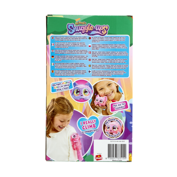 Doos Snuggleups Roze Achterkant De achterkant van de doos van het paarse diertje Animagic Snuggleups Roze